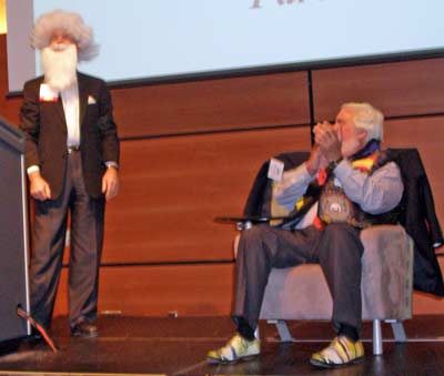 Calfee's Dan McMullen in wig with Jim Cookinham