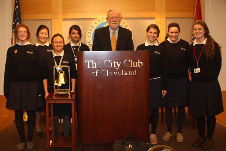 Chuck Geschke with Magnificat High School students Bridget Armanini, Chloe Altieri, Ilona Kereki, Lara Khan, Janie Walborn, Shannon Walton, and Bridgette Coyne