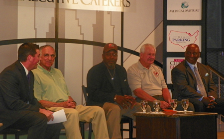 Moderator Dave Chodowsky, Coach Sam Rutigliano, Greg Pruitt,  Don Cockroft and Mike Pruitt