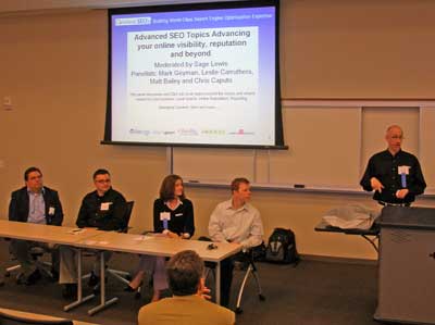 Cleveland SEO panelists Mark Geyman, Chris Caputo, Leslie Carruthers, Matt Bailey and moderator Sage Lewis giving Advanced Seartch Engine Optimization techniques