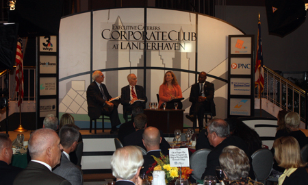 Moderator Tom Beres, Pepper Pike Mayor Bruce Akers, Orange Mayor Kathy Mulcahy and Woodmere Mayor Charles Smith