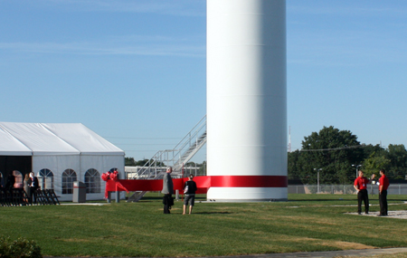 Lincoln Electric wind turbine base with ribbon around it