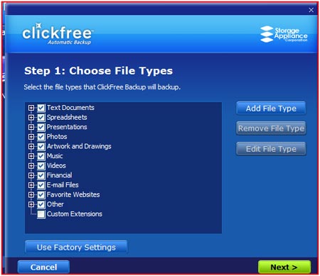 Clickfree screen shot - file types backed up